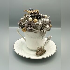 Handmade Vintage Jewelry Teacup Art – Whimsical One of a Kind Decor